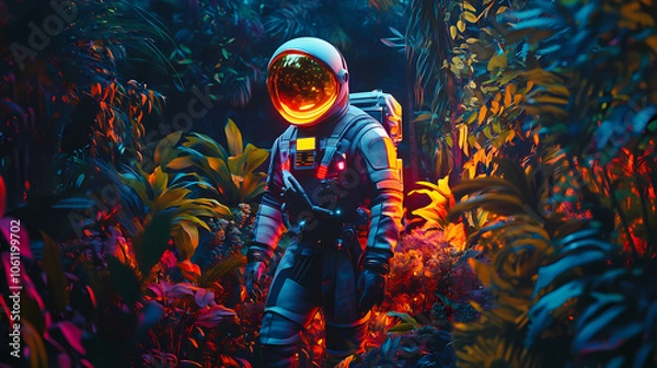 Obraz Futuristic astronaut in neon suit exploring a vibrant, lush jungle environment. Alien Flora and Fauna. Illustration