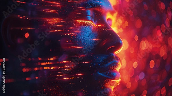 Fototapeta Profile of a man with eyes closed, illuminated by vibrant red and blue neon lights and digital light trails, creating a futuristic and cybernetic atmosphere with a sense of introspection
