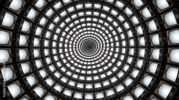 Fototapeta A large circular room with many small square lights. The lights are all white and are arranged in a pattern. The room appears to be a large, open space with a lot of light