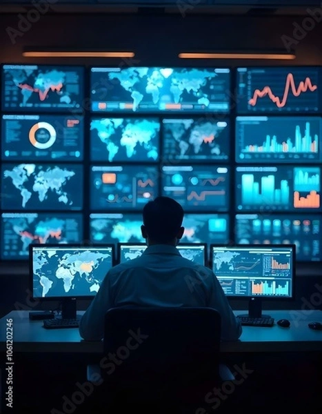 Fototapeta High-Tech Control Room with Data Visualizations on Screens