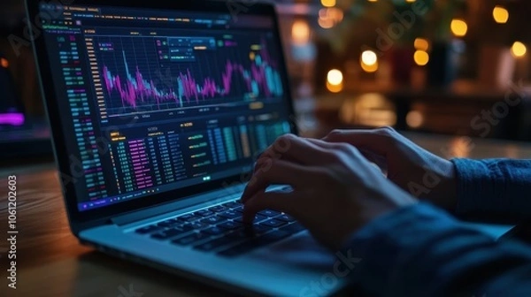 Obraz Analyzing Stock Market Data on Laptop at Night