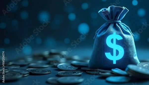 Obraz Glowing money bag with dollar sign on coins against blue digital background symbolizing wealth and financial success
