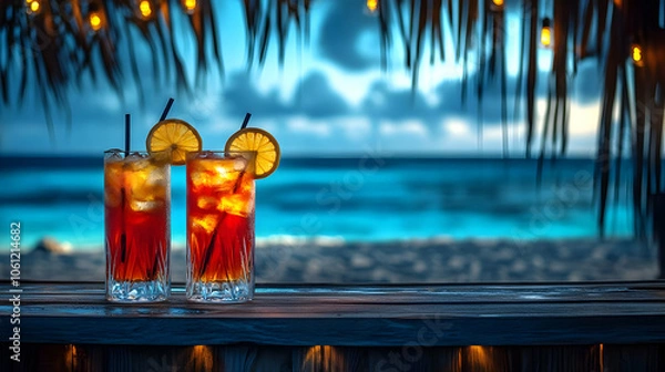 Fototapeta Two Drinks on a Wooden Bar with Beach and Palm Trees in the Background - Illustration