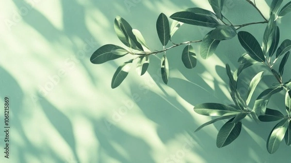 Fototapeta A serene composition of green leaves casting shadows on a soft mint background.