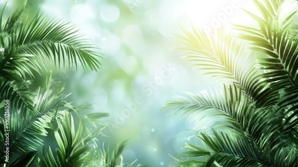 Fototapeta Lush green foliage with a soft bokeh background, creating a serene, tropical atmosphere.