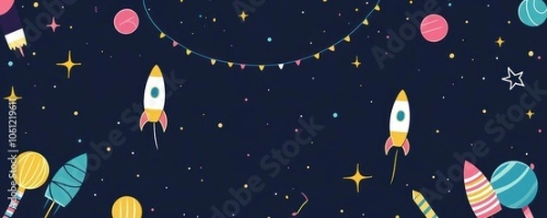 Fototapeta A whimsical space-themed illustration featuring rockets, planets, and stars.