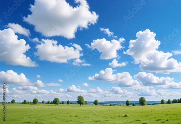 Fototapeta A green meadow with trees in the distance under a blue sky with fluffy white clouds