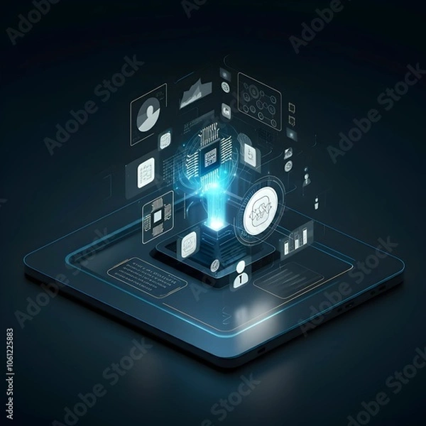 Obraz 3D futuristic business concept showcasing blockchain and artificial intelligence in a streamlined layout