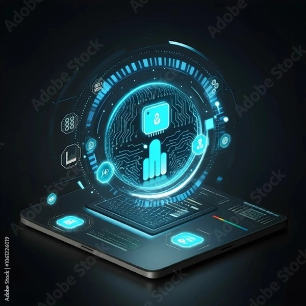 Fototapeta Futuristic business concept with innovative technology, featuring AI, blockchain, and augmented reality