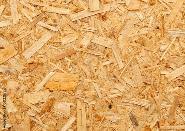 Fototapeta Seamless OSB Texture in Low Light - Wood Chips, Plywood, Oriented Particle Background, Fibreboard Sheet, Compressed Sawdust Fragments, Rustic Building Panels, Interior Design Elements
