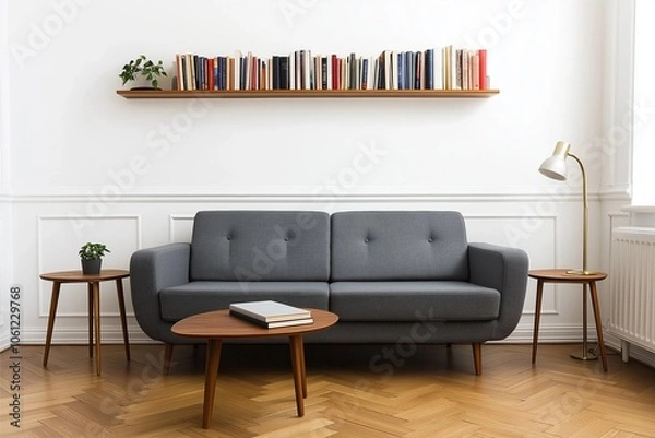 Fototapeta A stylish living room featuring a minimalist design with a gray sofa, wooden tables, a gold lamp, and a wall-mounted bookshelf, exuding modern elegance and simplicity.