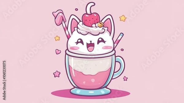 Fototapeta A delightful illustration of a cute kawaii cat enjoying a milkshake, featuring large expressive eyes and a playful pose. This charming design captures the essence of kawaii culture,
