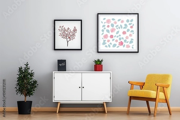 Fototapeta A contemporary room featuring a white cabinet, two framed artworks, a yellow chair, and potted plants, creating a harmonious balance of color and style.
