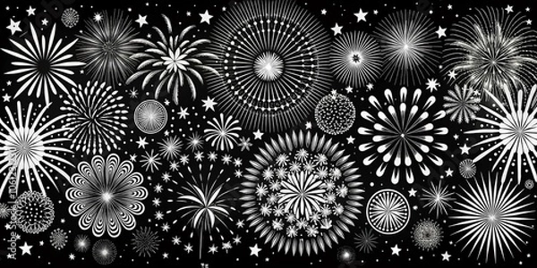 Fototapeta Stunning Black and White Fireworks Vector Art for Holiday Celebrations, Dynamic Salutes, Festive Designs, Elegant Graphics, Creative Elements for Invitations and Decorations