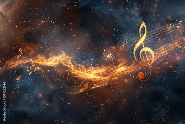 Fototapeta A vibrant musical note swirling through a cosmic backdrop, embodying the harmony of sound and the magic of the universe.