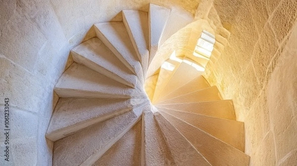 Fototapeta Sunlit Spiral Staircase in a White Stone Interior