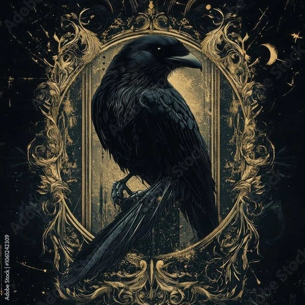 Fototapeta Gothic Raven in Gilded Frame 