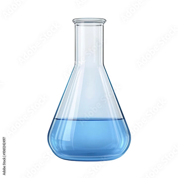 Fototapeta Chemical lab flask with blue liquid, single object isolated on solid white background, , transparent background