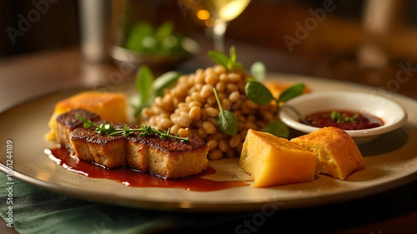 Fototapeta A Culinary Masterpiece: An Exquisite Meal Set Out for One Featuring a Colorful Array of Dishes