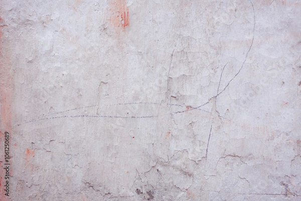 Fototapeta Grey peeling wall with natural defects. Fragment of the concrete shabby surface with natural texture. Red white palette of shades.