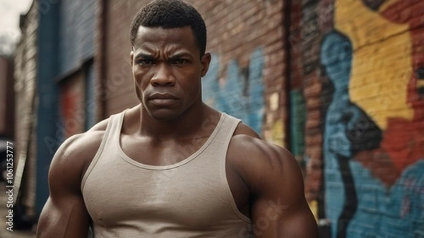 Fototapeta A muscular black man in a tank top with a serious look poses in front of a wall