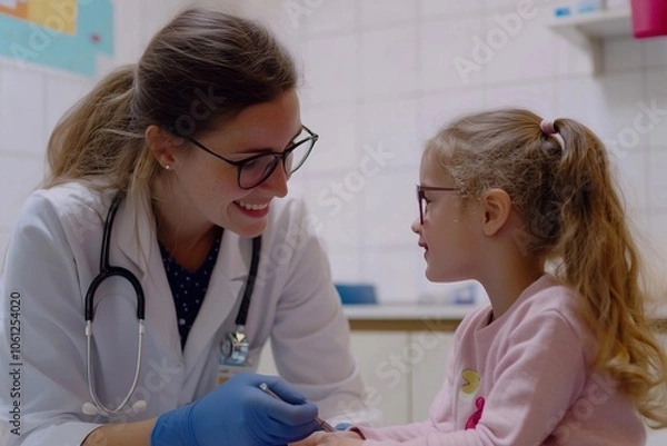 Fototapeta Happy elementary school girl being examined by a female doctor in a clinic. Pediatrician in a clinic checking the lung health of a child. doctor examination room, healthy wellbeing, friendly.