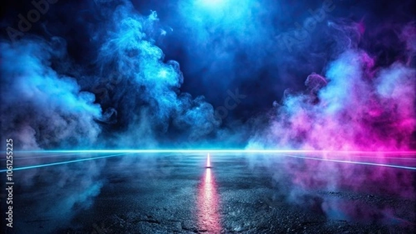 Fototapeta Neon lights glowing on dark blue asphalt road with floating smoke, creating a mysterious atmosphere