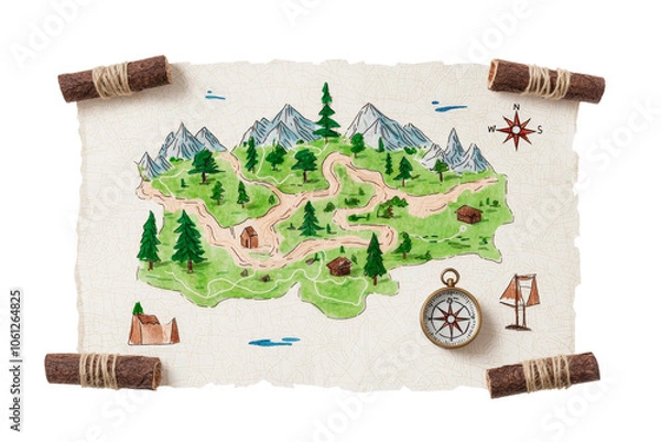 Fototapeta Vintage Treasure Map with Compass and Scenic Landscape