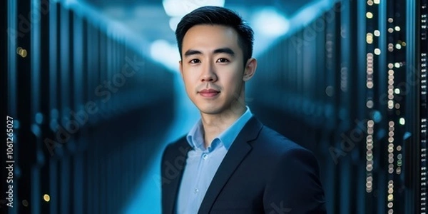 Fototapeta Confident Young Professional in a High-Tech Data Center Environment