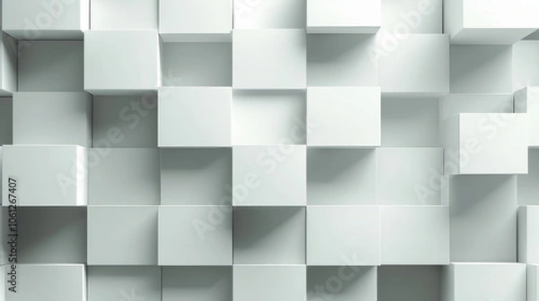 Fototapeta A collection of white cubes is structured on a textured wall, creating an abstract, modern design. The geometric shapes vary in size, offering a minimalist aesthetic that enhances interior spaces.