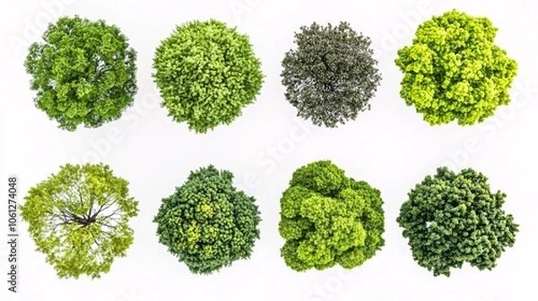 Fototapeta 2410_097.birds-eye view of eight distinct tree crowns, vibrant green leafy textures, ranging from light to dark tones, circular shapes, natural foliage patterns, clean white backdrop