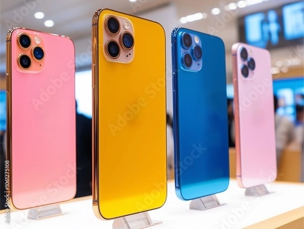 Fototapeta A close-up of vibrantly colored smartphones displayed on stands in a modern store, showcasing sleek design and advanced camera features with elegant lighting.