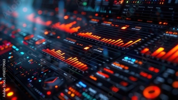 Obraz close-up of a futuristic sound control panel with illuminated buttons and sound wave visualizations, representing technology, music production, and high-tech sound engineering