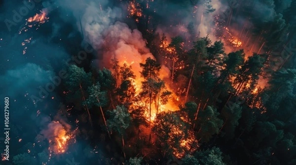 Fototapeta Devastating Wildfire Engulfs Forest at Night
