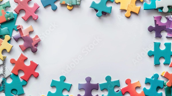 Fototapeta Assorted colorful puzzle pieces arranged in a circular layout on a white background