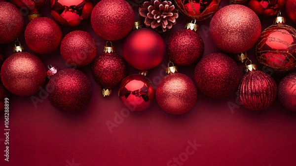 Fototapeta A festive arrangement of shiny red Christmas ornaments on a deep red background, perfect for holiday decoration themes.