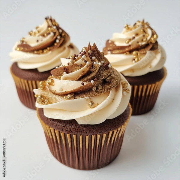 Fototapeta Two tone cupcake, vanilla and chocolate, with gold sprinkles