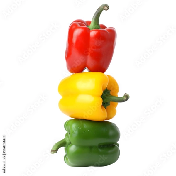 Obraz A stack of colorful bell peppers in red, yellow, and green, isolated on white background