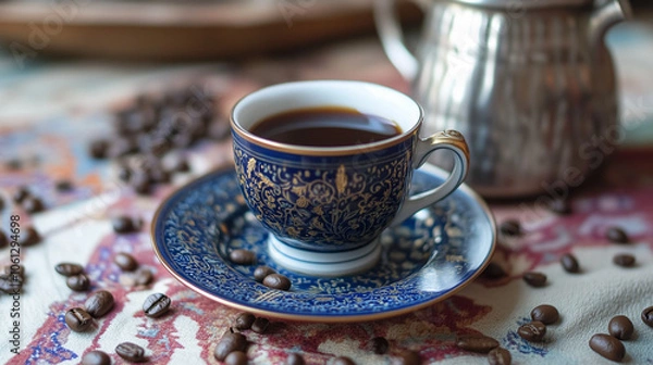 Fototapeta Elegant Cup of Black Coffee on a Patterned Tablecloth with Coffee Beans and Silver Kettle