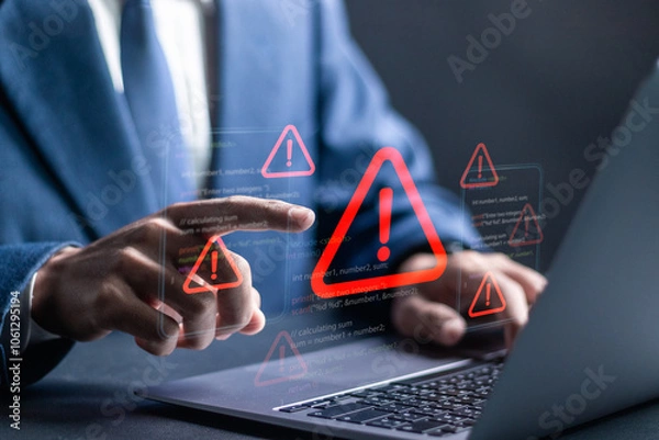 Fototapeta Ransomware malware attack and data breach. Businessman using laptop with spam virus on warning caution for notification on internet security protect.