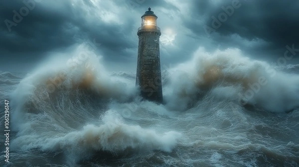 Fototapeta The lighthouse was hit by a storm with huge waves