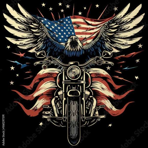 Obraz A eagle with speard wings above a harley davidson motorcycle with usa flag on his back 