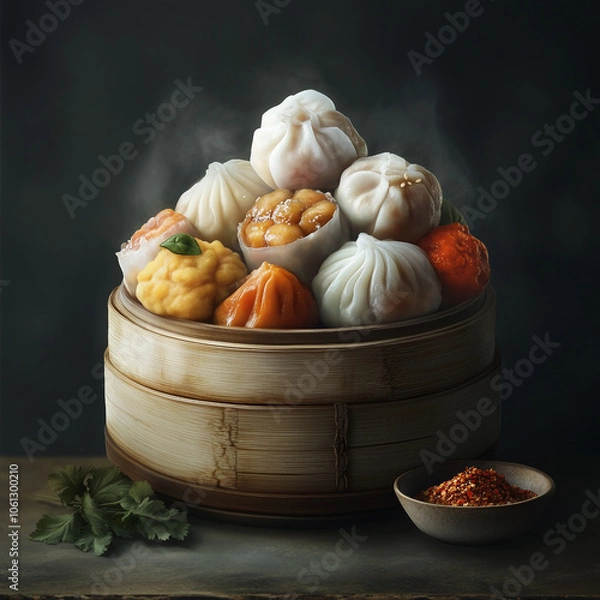 Fototapeta Assorted Colorful Steamed Dumplings in a Bowl with Spices and Fresh Garnish