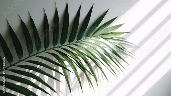 Fototapeta Green Palm Leaf with Light and Shadow on White Wall