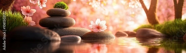 Obraz Serene stones by a tranquil river, surrounded by cherry blossoms and vibrant greenery under soft sunlight.