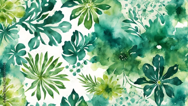 Fototapeta A green and white floral print with a tropical theme