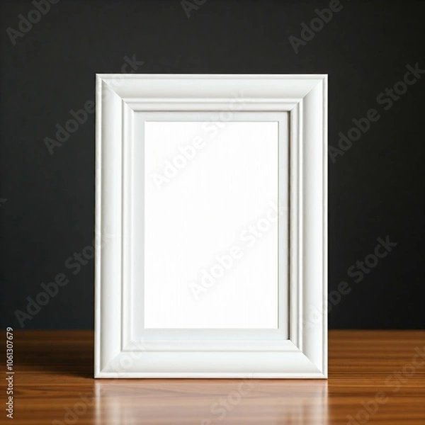 Fototapeta A blank white photo frame on a table.