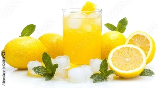 Fototapeta Ice cold lemon juice, refreshing summer drink with fresh lemons and ice refreshing