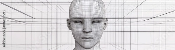 Obraz Intricate 3d head model with a complex network of lines, exploring the intersection of technology and art. ideal for projects on design, innovation, creativity.