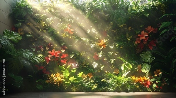 Fototapeta A vibrant indoor tropical living wall filled with lush green foliage and colorful exotic flowers, bright sunlight streaming through, giving the space a warm, natural ambiance, hyper-realistic details,